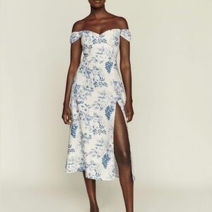 Reformation Floral Blue and White Linen Midi Dress